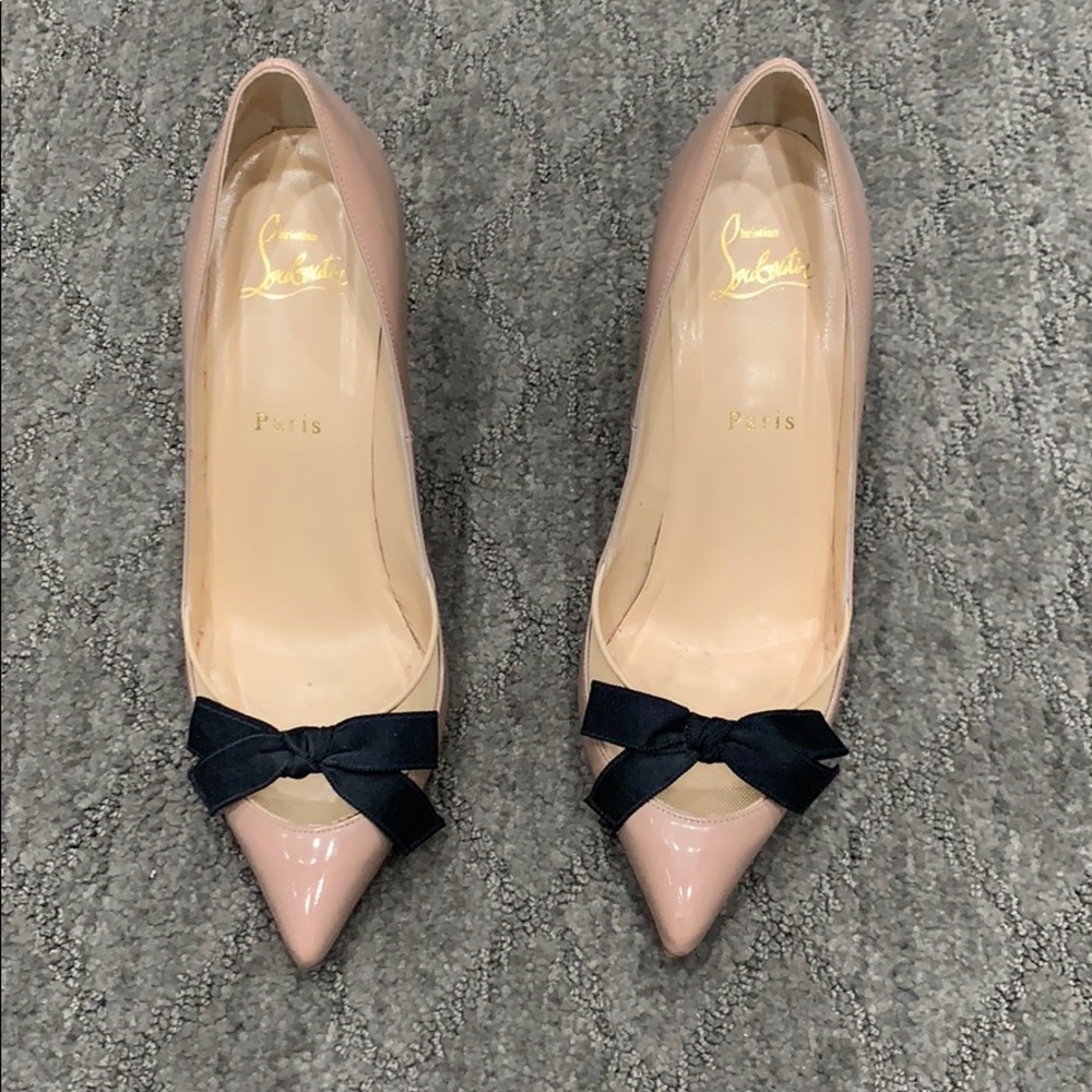 Christian Louboutin black bow, nude heels